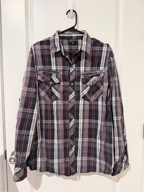 Men's Casual Plaid Button-Down Shirt in Black, Gray & Pink